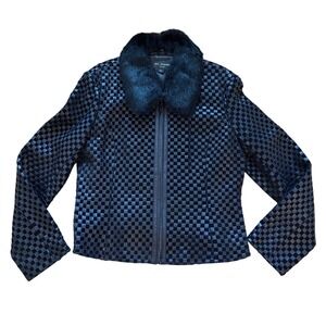 St John Coats Black Woven Leather Fur Collar Jacket Checkered Zip Front XL